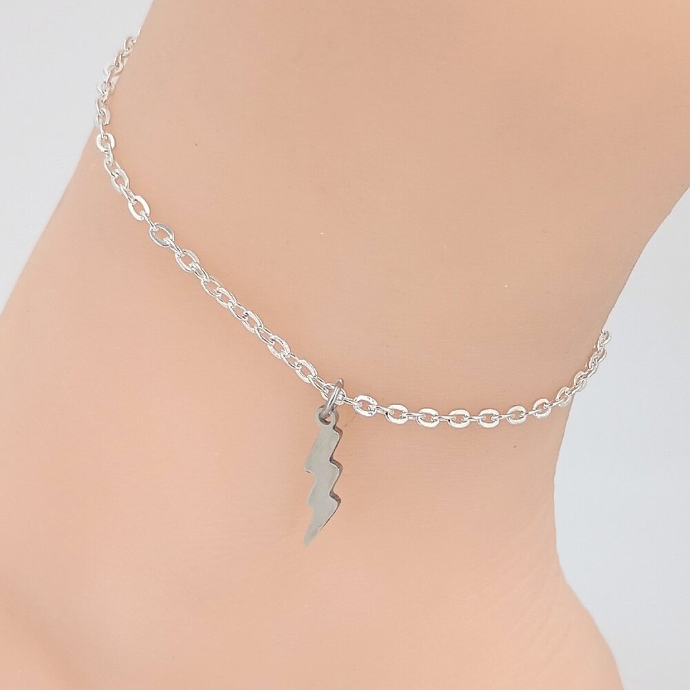 Anklet or Bracelet Lightning Bolt on Silver Plated Cable Chain